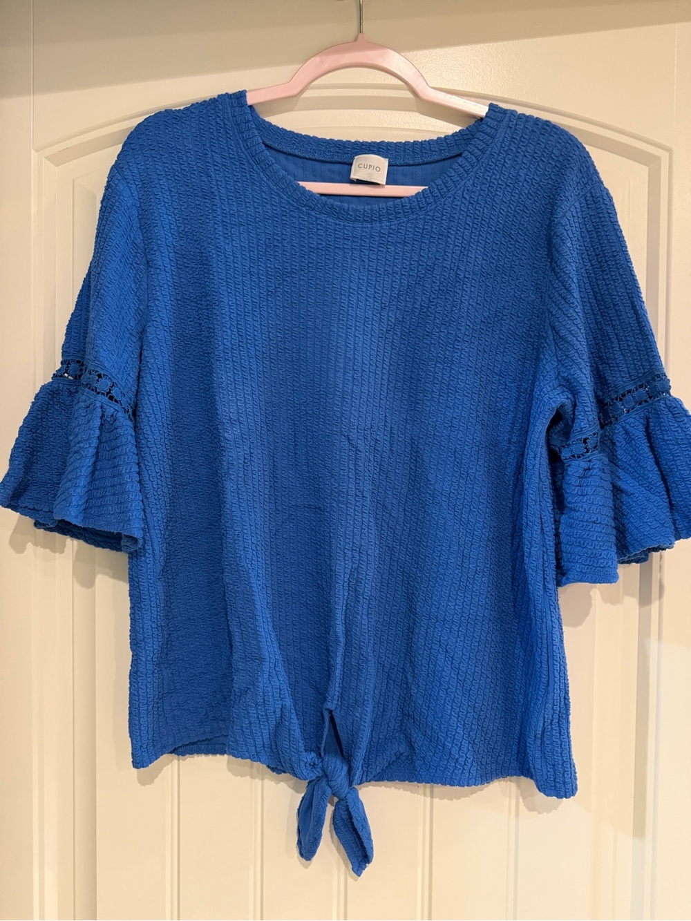 Cupio Royal Blue Textured Tie-Front Ruffle Sleeve Top
